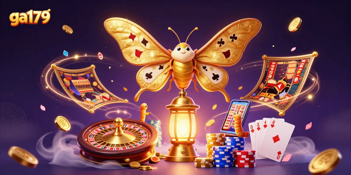 Win big with ga179's vibrant casino features, showcasing a fantasy moth amid dazzling gaming elements.