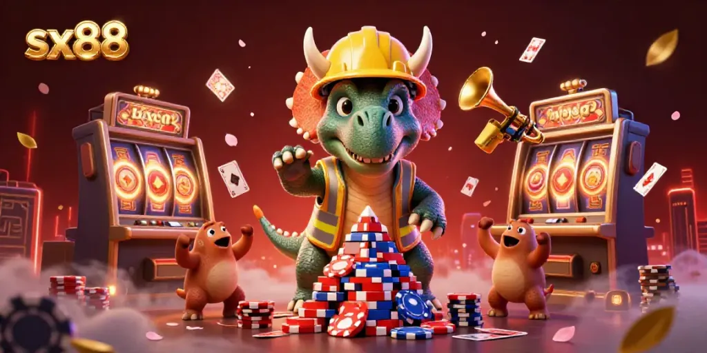 Sx88 spins slot reels, amid a vibrant casino scene with playful dinosaur characters and festive elements.
