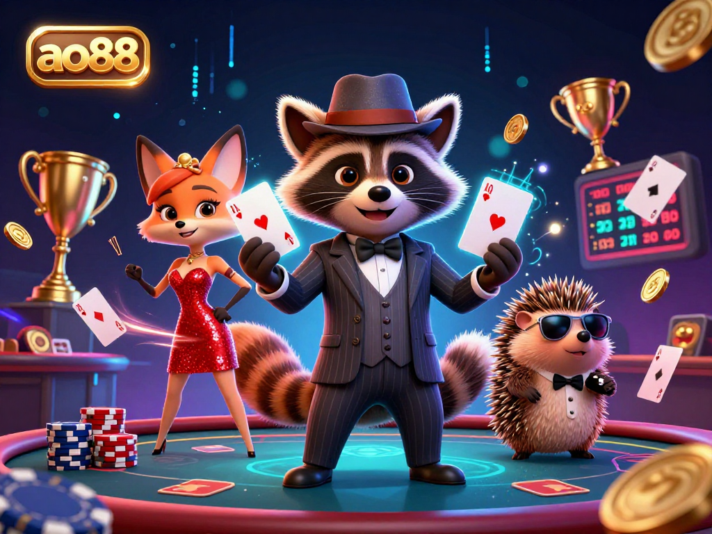 Bet gamblers engage with ao88 casino elements under neon lights showcasing poker tables and vibrant characters.