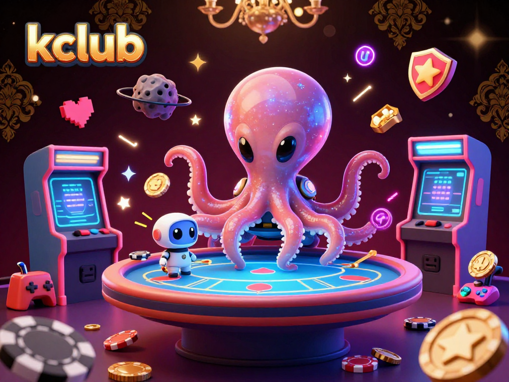 Experience thrilling casino fun with kclub as a cartoon alien octopus plays poker in space.