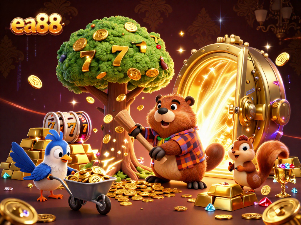 Experience exciting wins at ea88 with a vibrant scene of a beaver and friends collecting golden coins and slot elements.