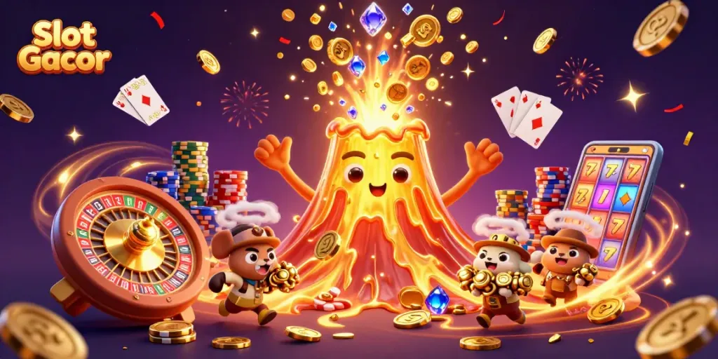 Slot Gacor menampilkan mesin slot yang mengeluarkan koin emas dan harta berkilau saat pemain meraih kemenangan.