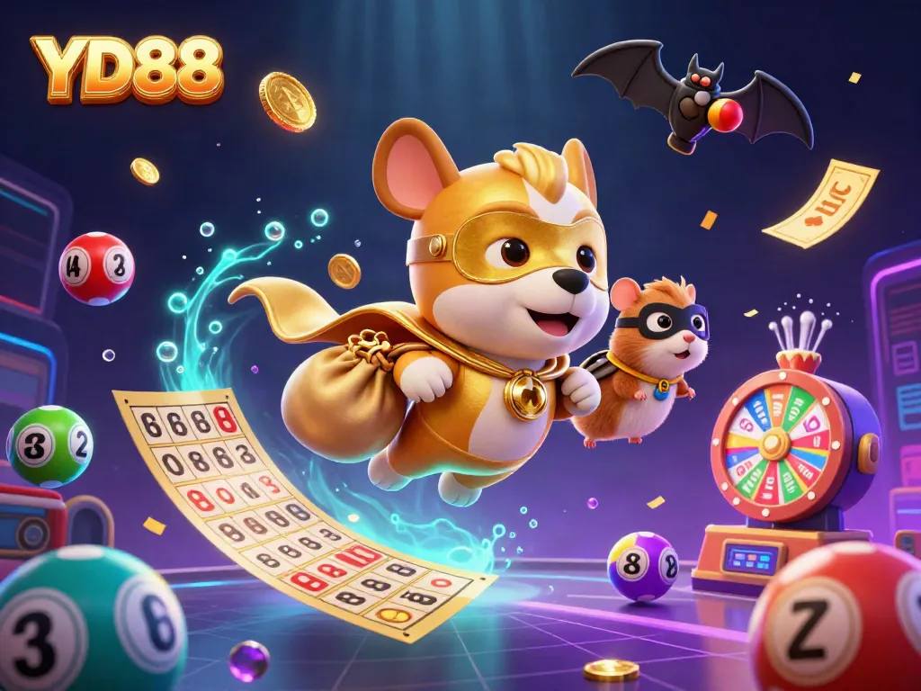 Engage with YD88 casino fun as a superhero dog and hamster bring the excitement of gold coins and dynamic lottery elements.