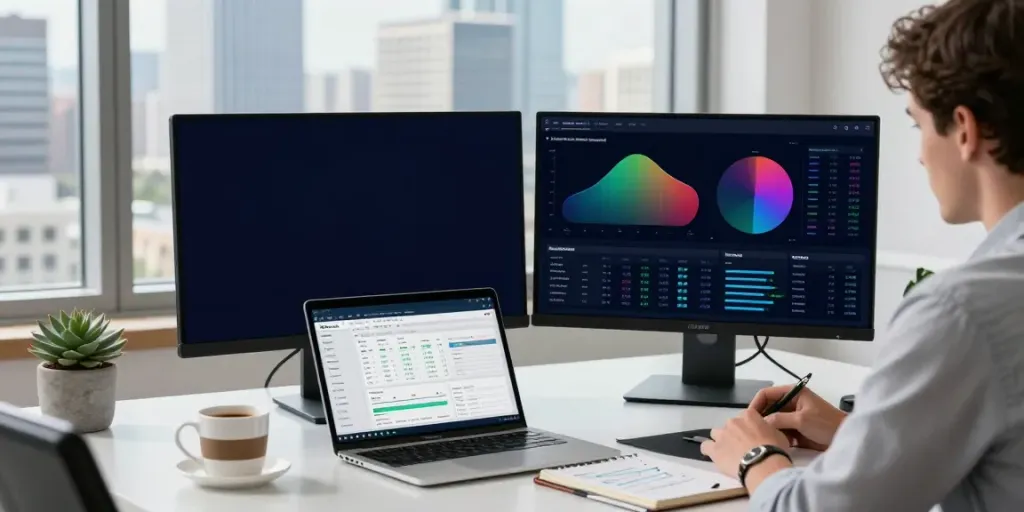 Business analyst at a modern desk analyzing data on dual screens in an official site office.