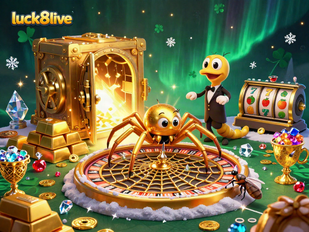 Watch the luck8live spider run a thrilling roulette wheel scene filled with treasures.