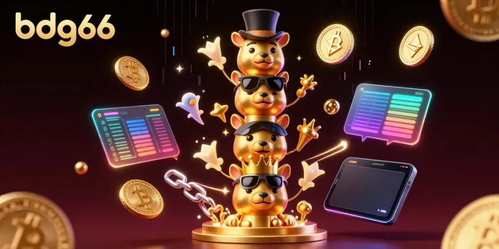 Engage with a vibrant and dynamic casino scene showcasing bdg66's colorful totem pole, crypto themes, and energetic game elements.