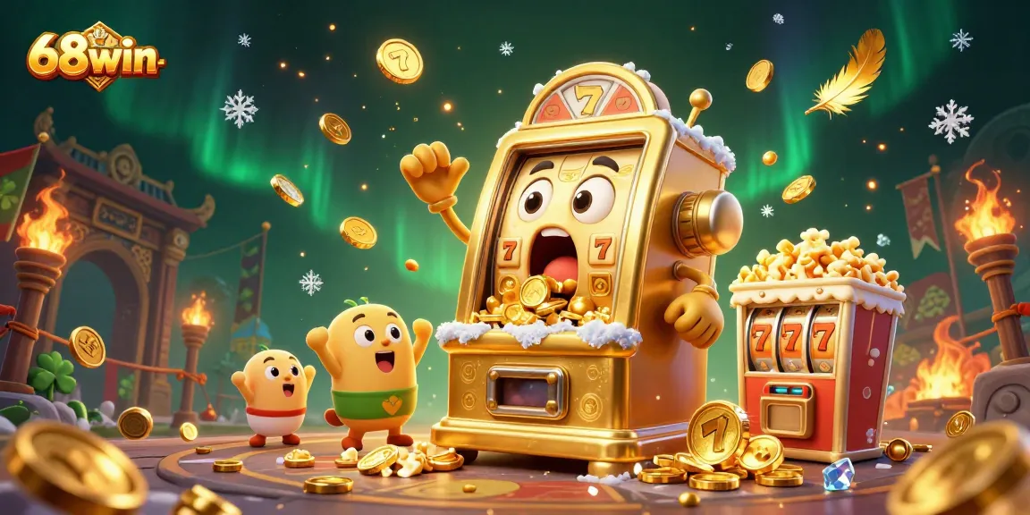 Hit the jackpot with 68win-game's dynamic scene of winning slot machines and golden coins cascading.