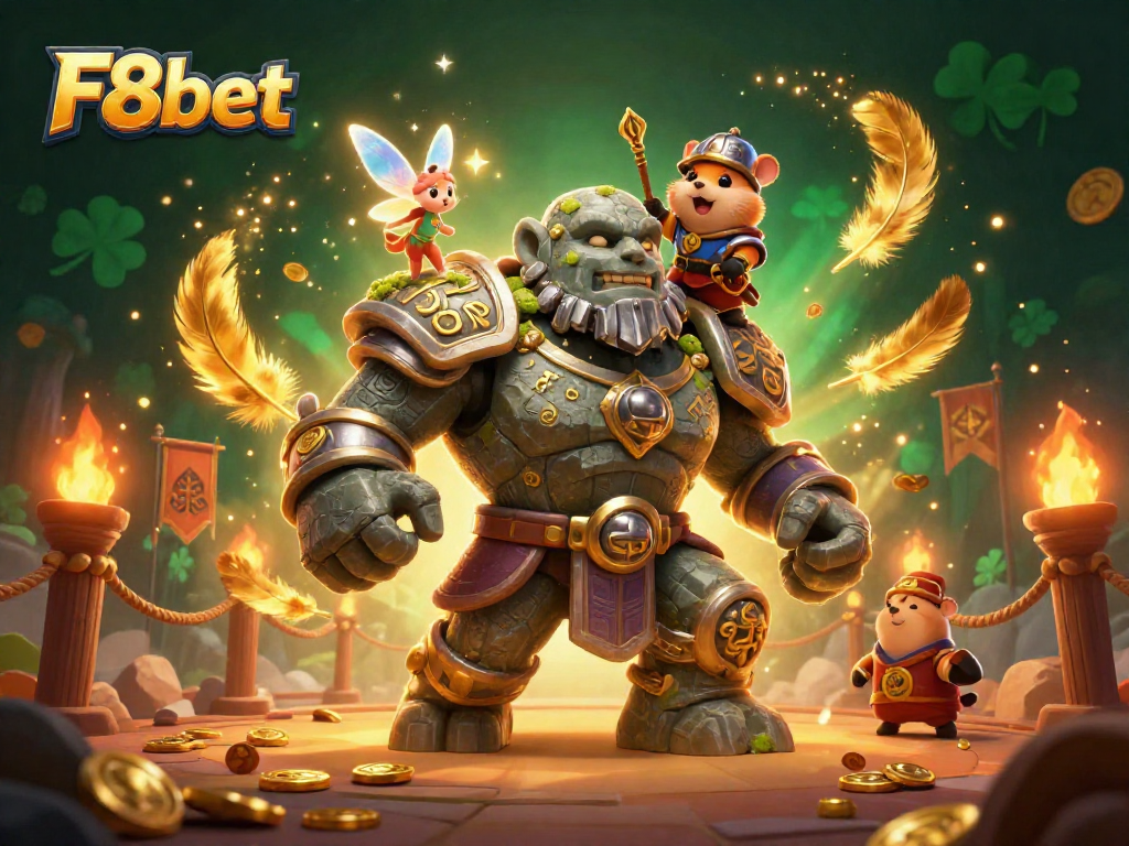 Engage in strategy-rich F8bet action with a lively 3D casino scene featuring a guardian golem.