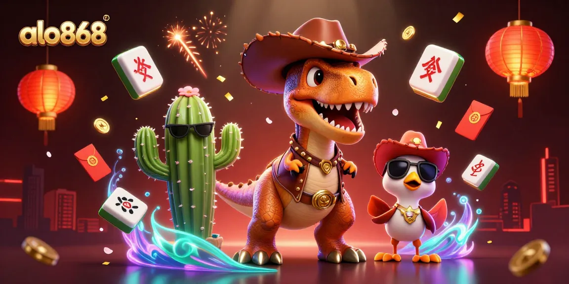 Win big with alo868 in a dynamic casino scene featuring a T-Rex cowboy and vibrant game elements.