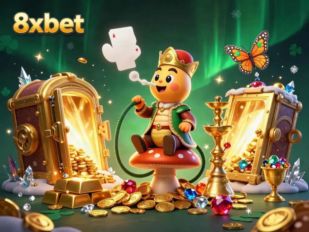 Experience thrilling poker hands with 8xbet, brought to life in a vibrant 3D casino illustration.