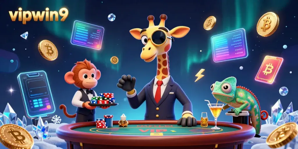 Engage with vipwin9 in a vibrant 3D casino scene featuring a high-roller giraffe and animated casino elements.