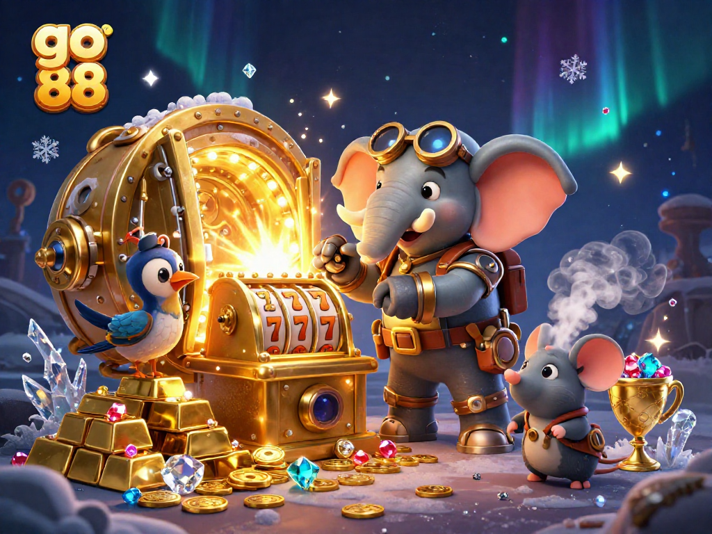 Play go 88 slot machines in a vibrant illustrated casino scene with treasures and characters.