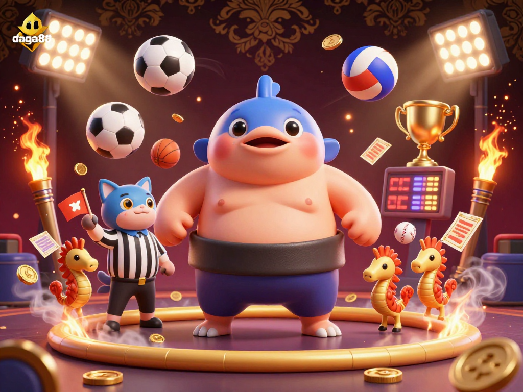 Experience exciting cockfighting action at daga88, featuring dynamic elements like sports balls and a wise catfish referee.