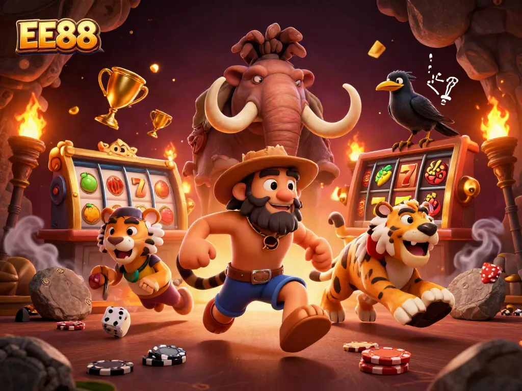 Experience thrilling gameplay at EE88 with a vibrant prehistoric casino scene featuring unique characters and dynamic actions.