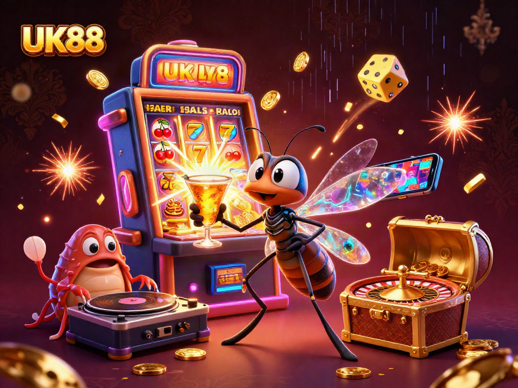 Experience the excitement of UK88 with vibrant casino elements and dynamic characters in a lively 3D scene.