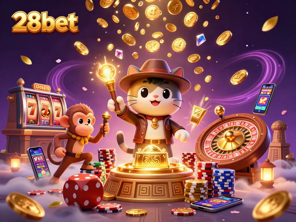 28bet showcases a vibrant 3D scene of a cartoon explorer cat revealing casino treasures in a mystical temple.