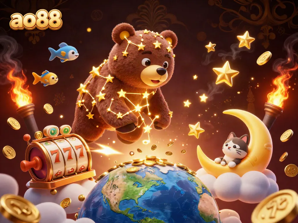 Spin and win with ao88 as the constellation bear gathers golden coins in this thrilling casino scene.