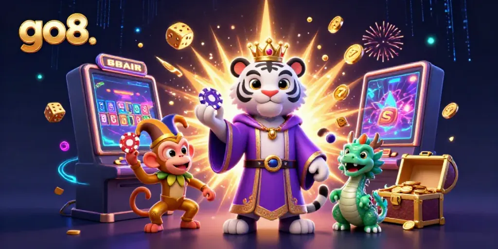 Jubilant scene of go8. with a majestic white tiger, golden monkey, and jade dragon celebrating a gaming jackpot.