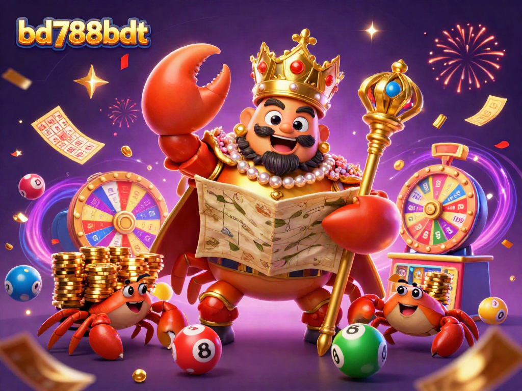 Engage with bd788bdt's thrilling lottery vibes through a stunning 3D casino illustration featuring a crab emperor.