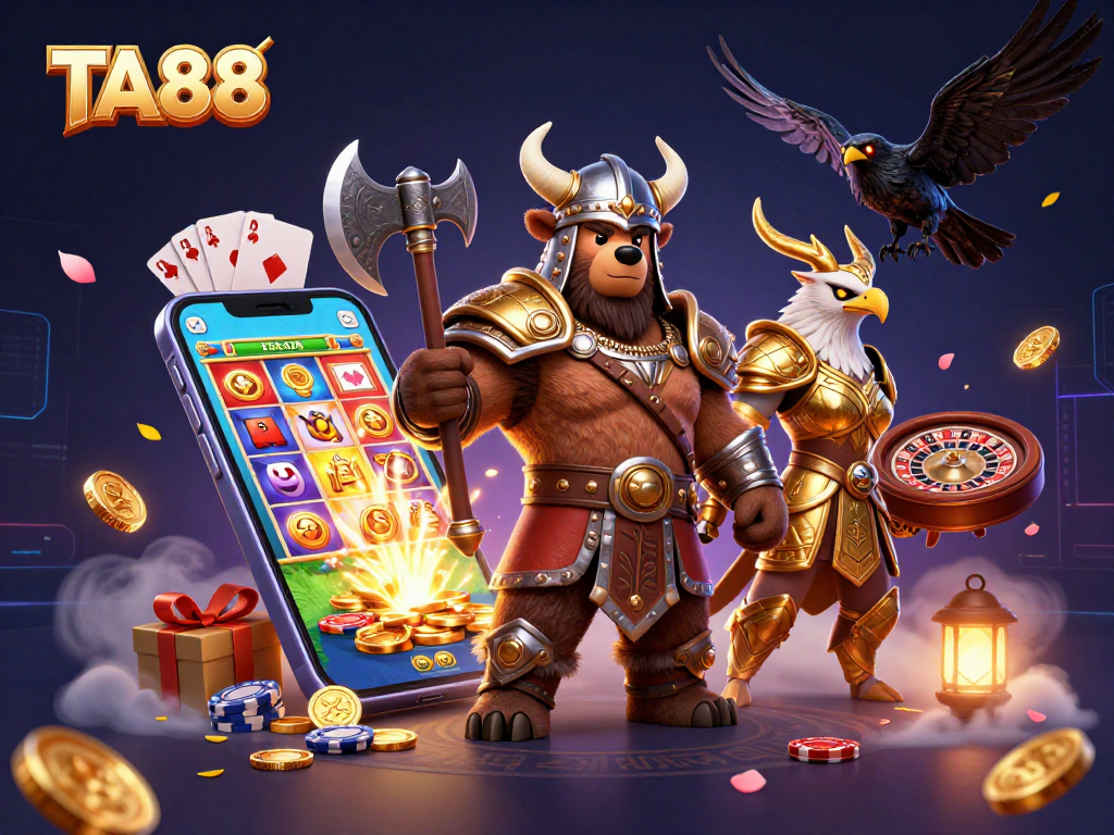 Experience the excitement of TA88 casino games with a vibrant 3D illustration of a Viking bear and Valkyrie eagle.