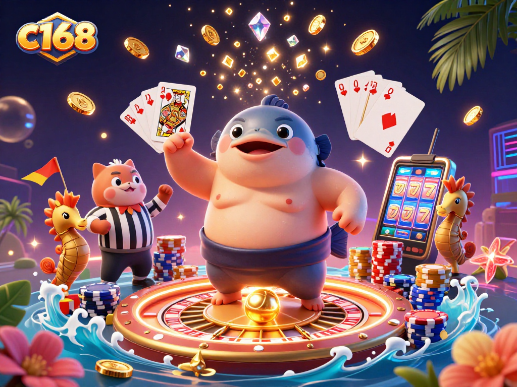 Experience thrilling gambling action with c168, where a fugu and friends enjoy a festive underwater casino showdown.