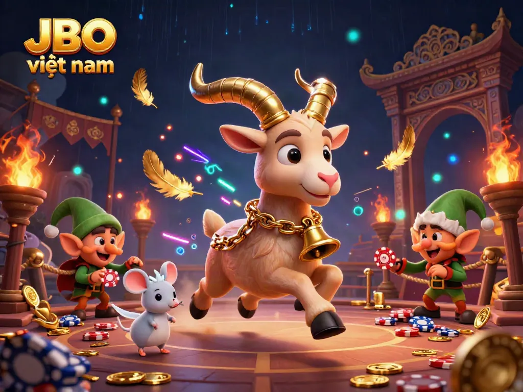 Engaging scene of JBO việt nam with a festive Krampus goat managing a lively casino, as playful gremlins steal chips.