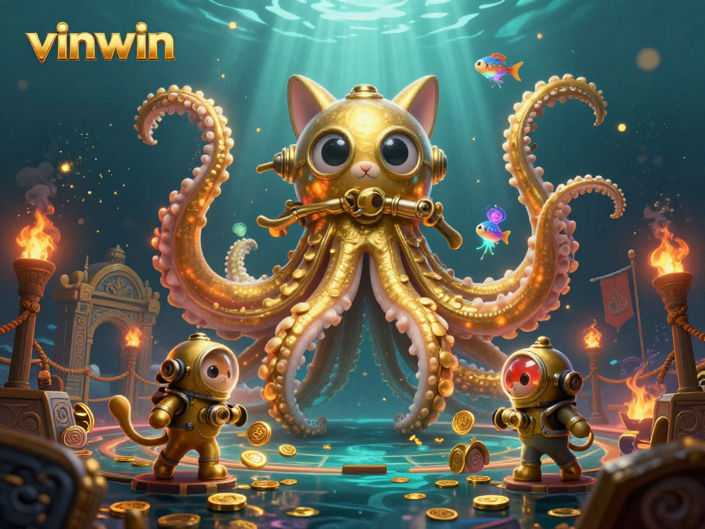 Experience vinwin excitement with a colossal kraken and vintage diving cat in a treasure-filled scene.