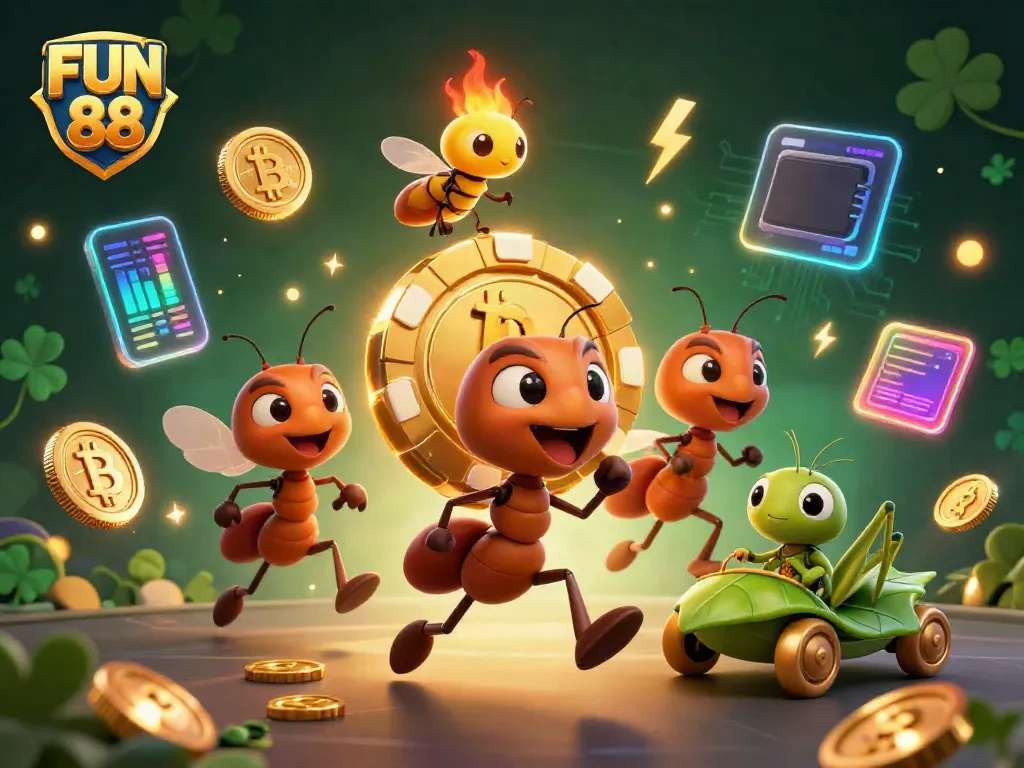 Engage with FUN 88 as cartoon ants orchestrate a heist amidst glowing coins and vibrant 3D casino elements.