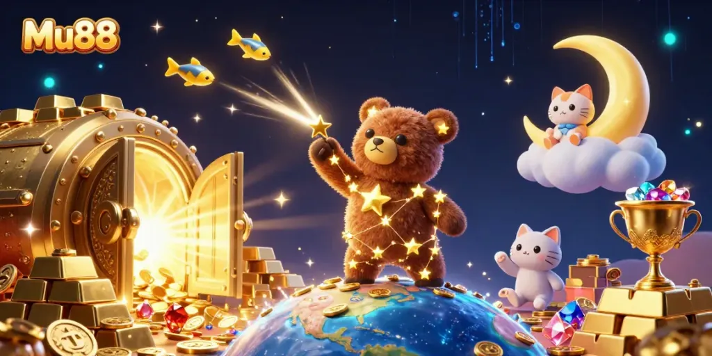 Experience the magic of Mu88 as a constellation bear scoops up treasures in a captivating digital casino world.