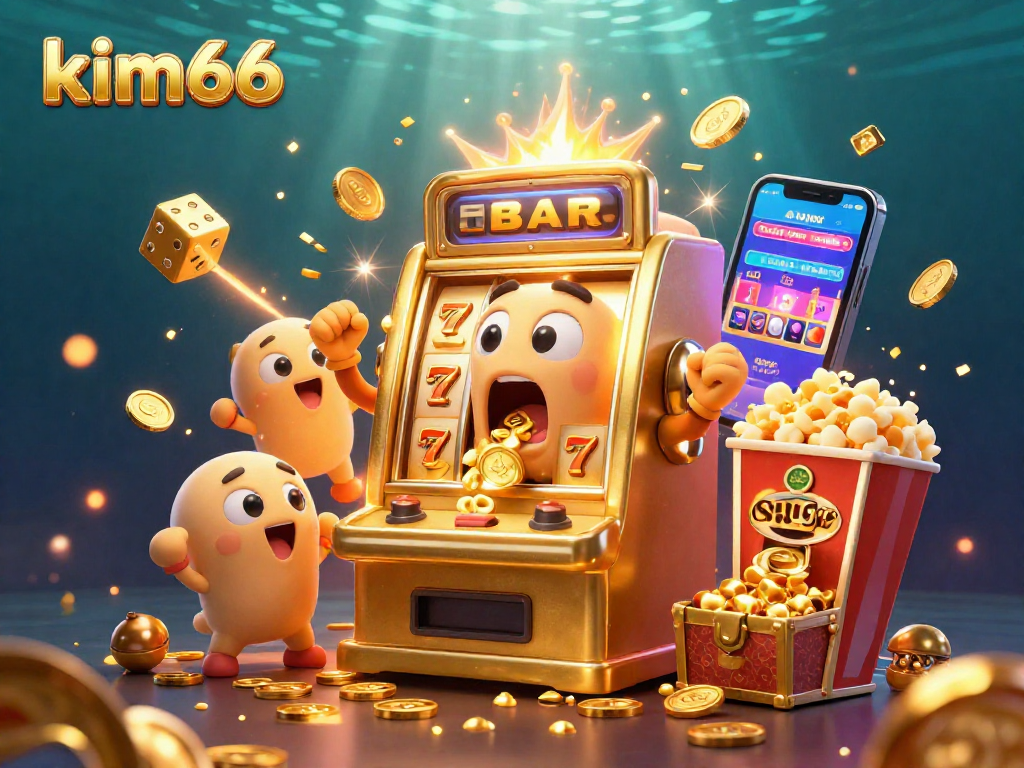 Experience the thrilling jackpot excitement at kim66 with animated golden machines celebrating a big win!