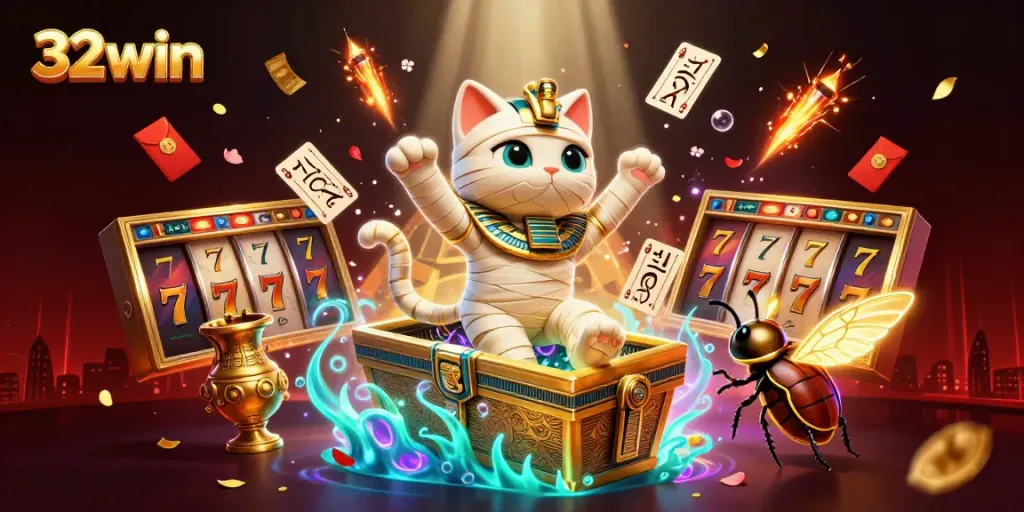 Experience the thrill with 32win's dynamic 3D illustration of a pyramid casino bursting with excitement and winning symbols.