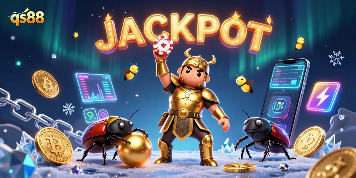Experience the excitement of qs88 with a hero beetle celebrating a jackpot victory in this vibrant 3D casino scene.