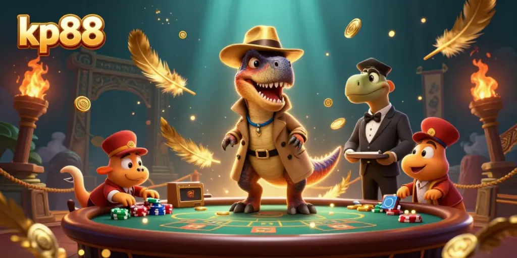 Experience competitive play at kp88 with a velociraptor card counter and casino elements in a vibrant scene.