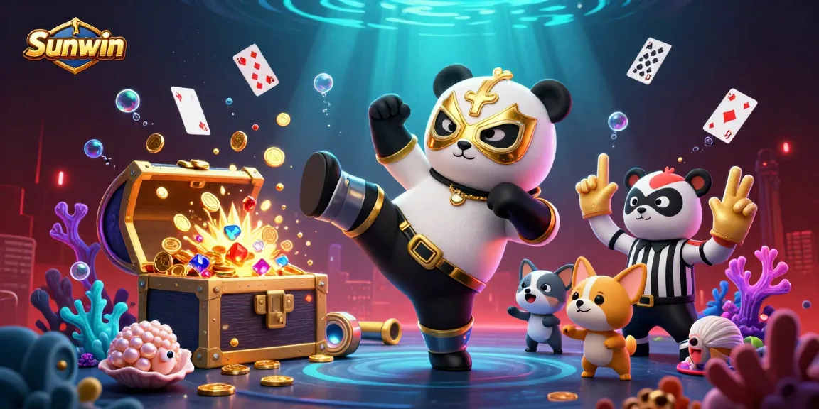 Engage with Sunwin's thrilling atmosphere as a panda wrestler executes a kick amidst vibrant gaming elements.