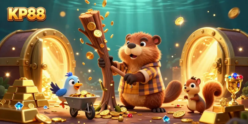 KP88 showcases a lively casino scene with a beaver and friends gathering gold coins and treasures.