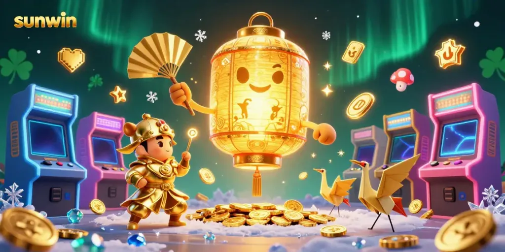 Experience immersive gaming with Sunwin's dynamic casino atmosphere featuring vibrant elements and lucky symbols.