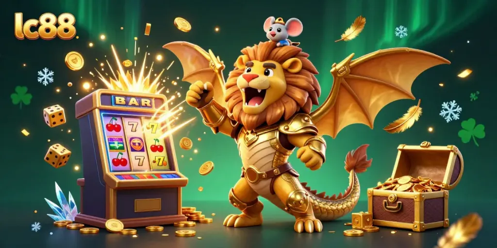 Experience thrilling jackpots at lc88 with a 3D chimera and vibrant casino scene bursting with excitement.