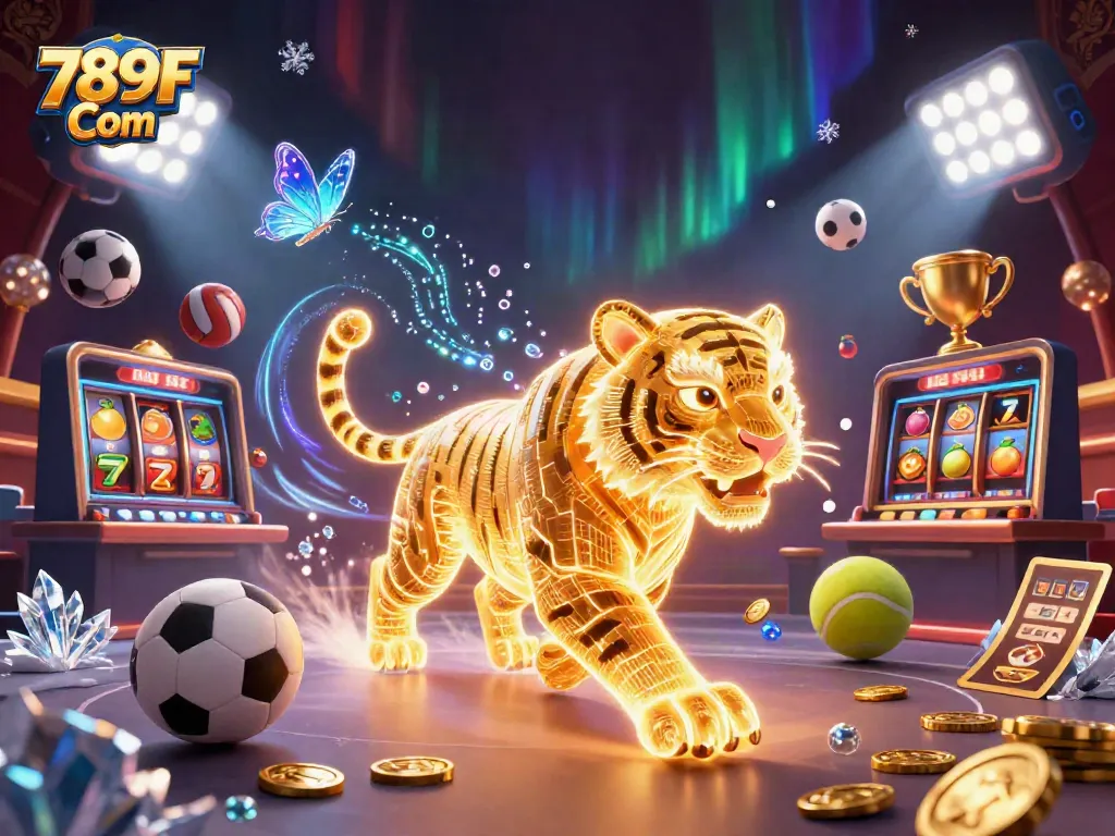 Experience the vibrant energy of 789F Com with a neon tiger and dynamic casino elements.