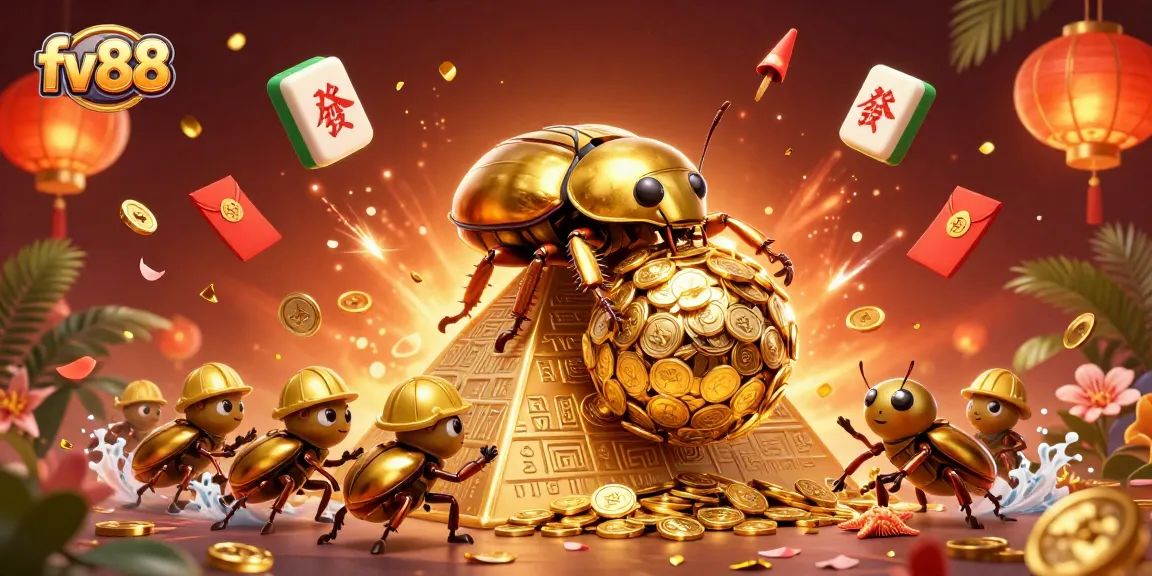 Join the exhilarating action with fv88 as a golden beetle rolls riches at a vibrant casino pyramid.