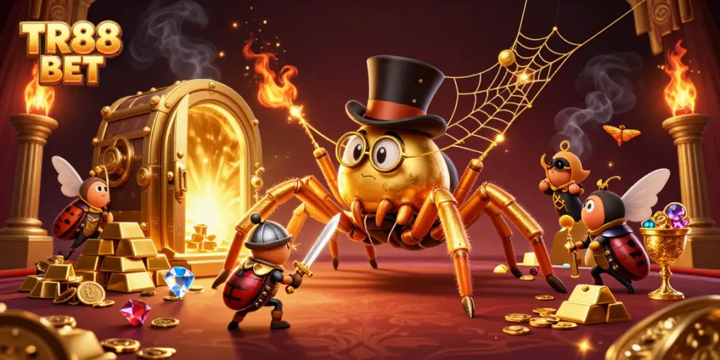 Experience the excitement of TR88 BET as the golden tarantula weaves a web of fortune in a lively casinoscape.