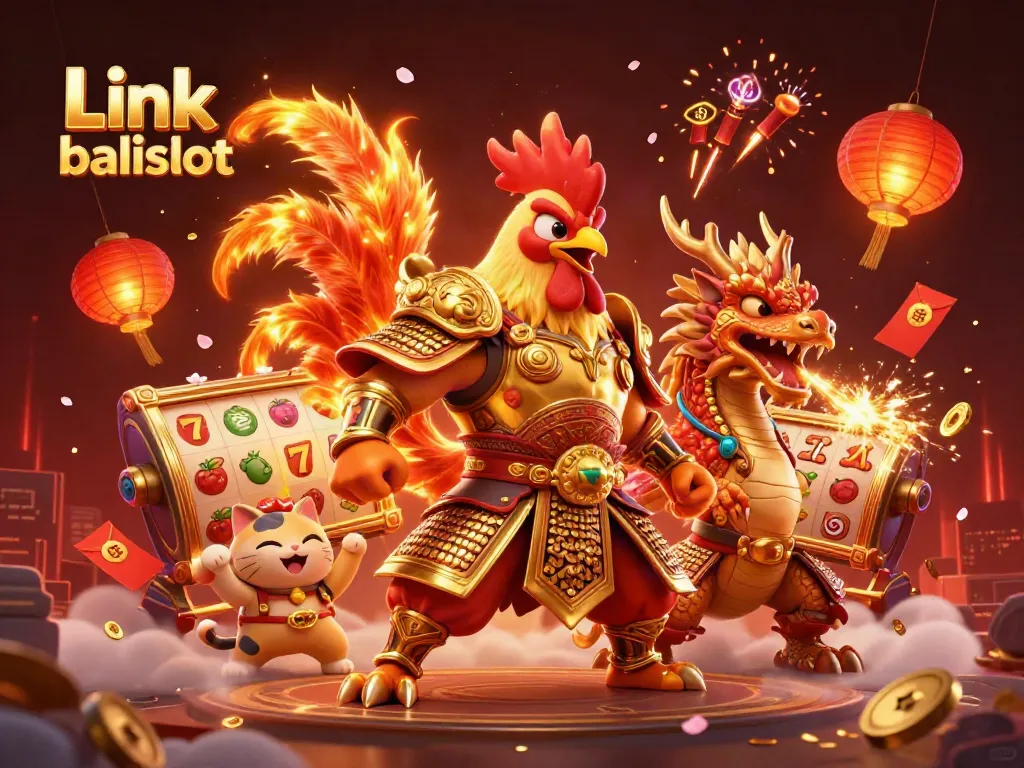 Experience the thrilling Link balislot action with a dynamic rooster warrior and dragon hatchling amidst spinning slots.