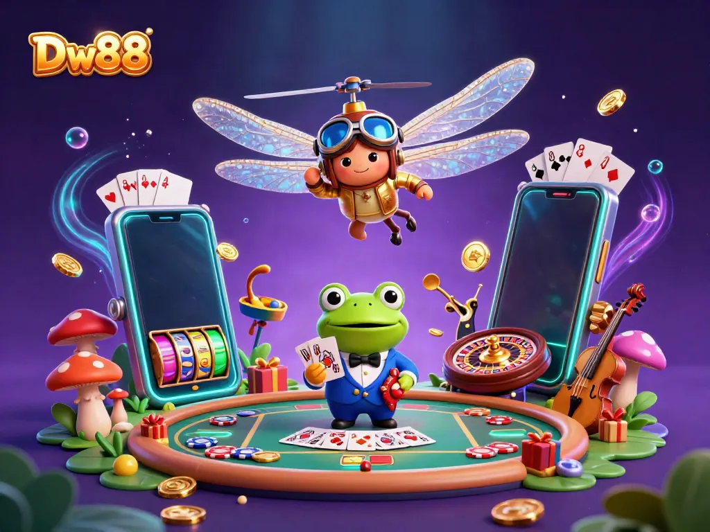 Experience thrilling luck at Dw88 with a vibrant casino scene featuring cartoon characters and casino elements.