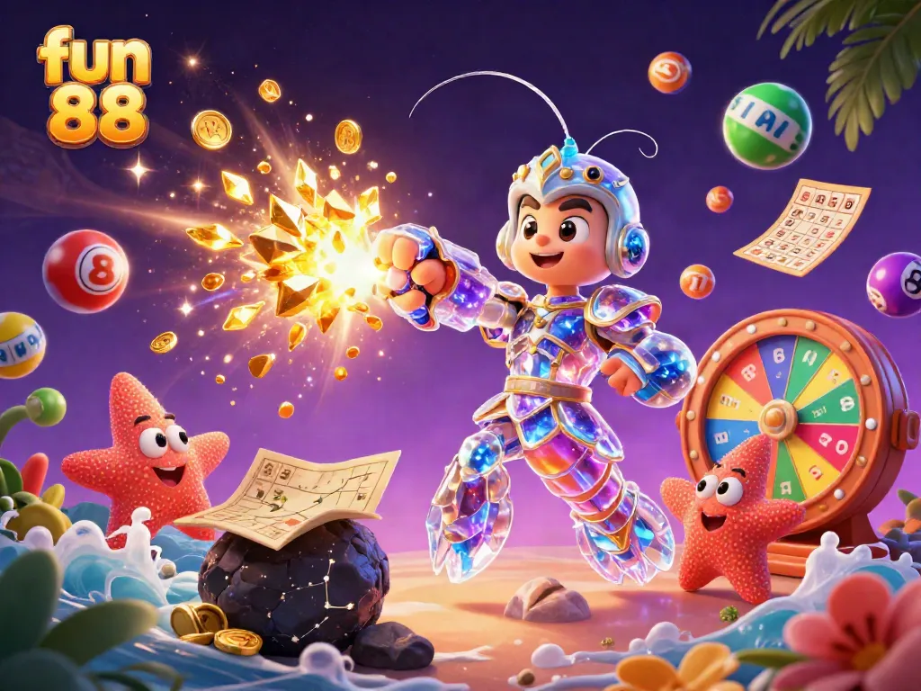 Experience fun 88 with an exciting 3D scene of a galactic mantis shrimp and starfish amidst vibrant casino elements.