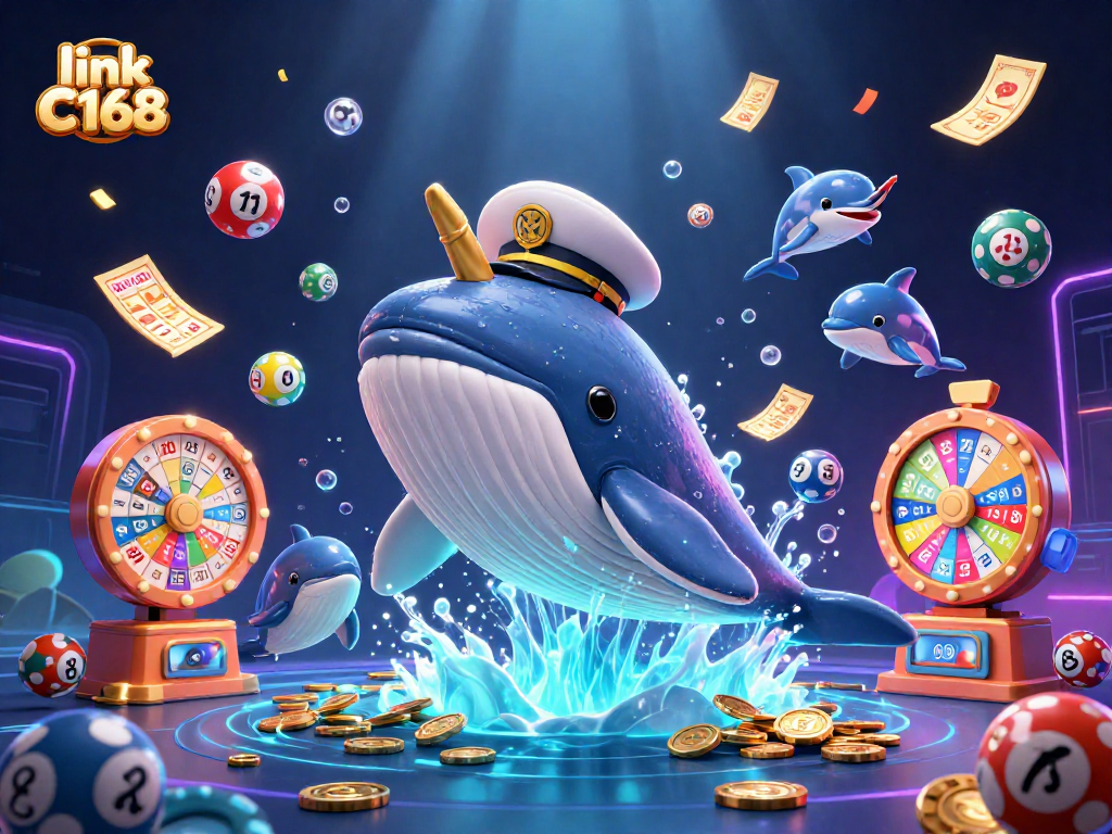 Engage with the dynamic lottery scene featuring link C168 as a whale bursts through coins, showcasing vibrant gaming elements.