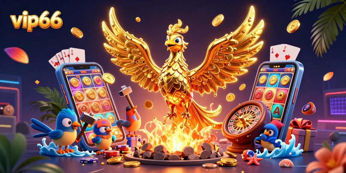 Experience the thrilling action of vip66 with vibrant slot games and golden coins in this dynamic 3D illustration