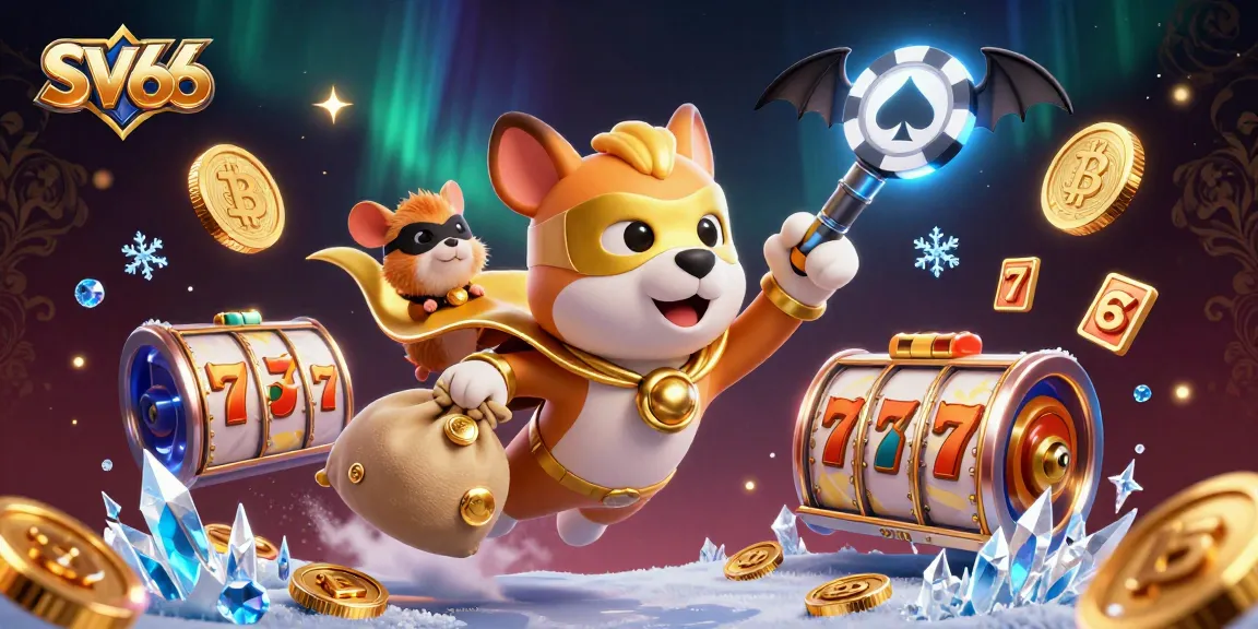 SV66 slot gaming adventure with a superhero dog flying, jackpot coins scattered around.