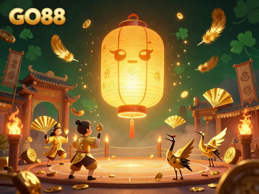 Engage with GO88’s vibrant casino magic featuring a glowing lantern spirit above a market filled with golden treasures.