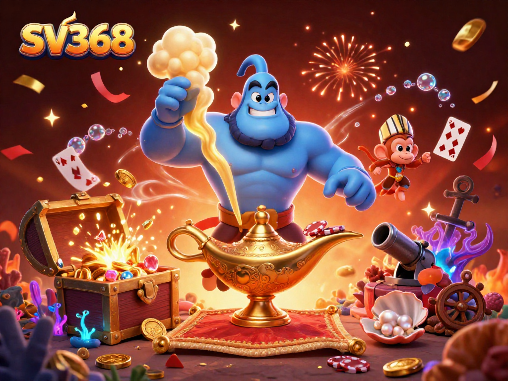 SV368 brings excitement with a genie, monkey, and poker chips in a vibrant casino scene.