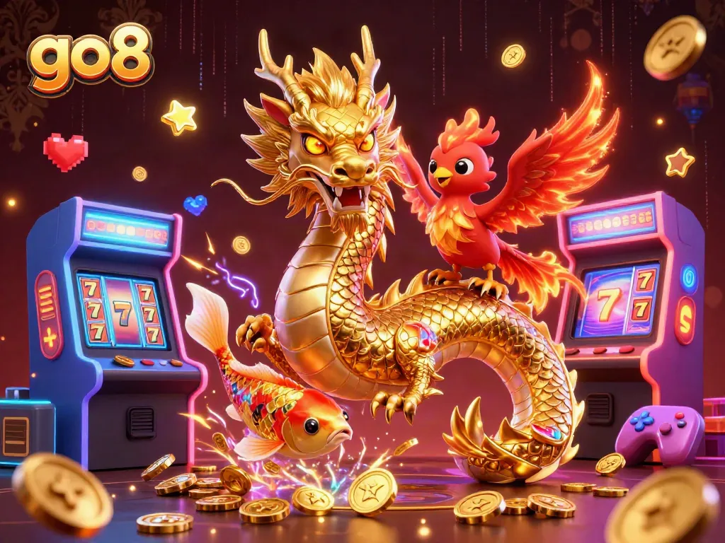 Engage with go8 gaming excitement featuring a fierce dragon, phoenix, and koi amidst vibrant casino elements.