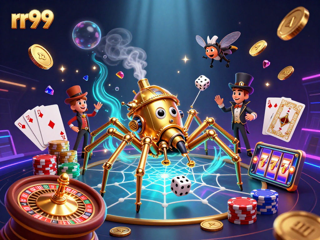 Engage with rr99's thrilling gaming atmosphere featuring a golden spider and interactive casino elements.
